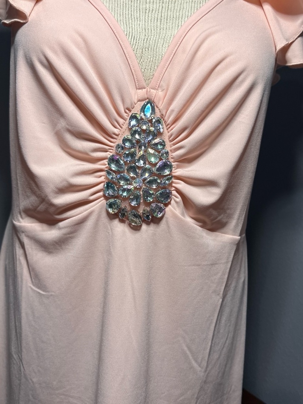 VENUS Peach Ruffle-Trim Mini Dress/long top with Rhinestone Teardrop - Picture 2 of 4